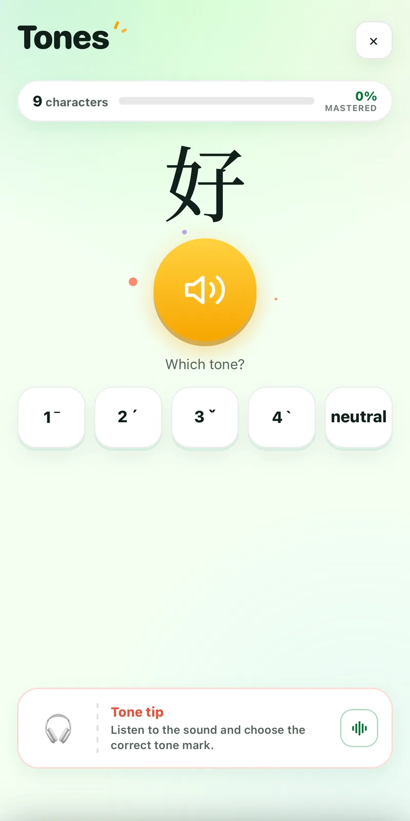 Layar latihan Nada di app Study Chinese